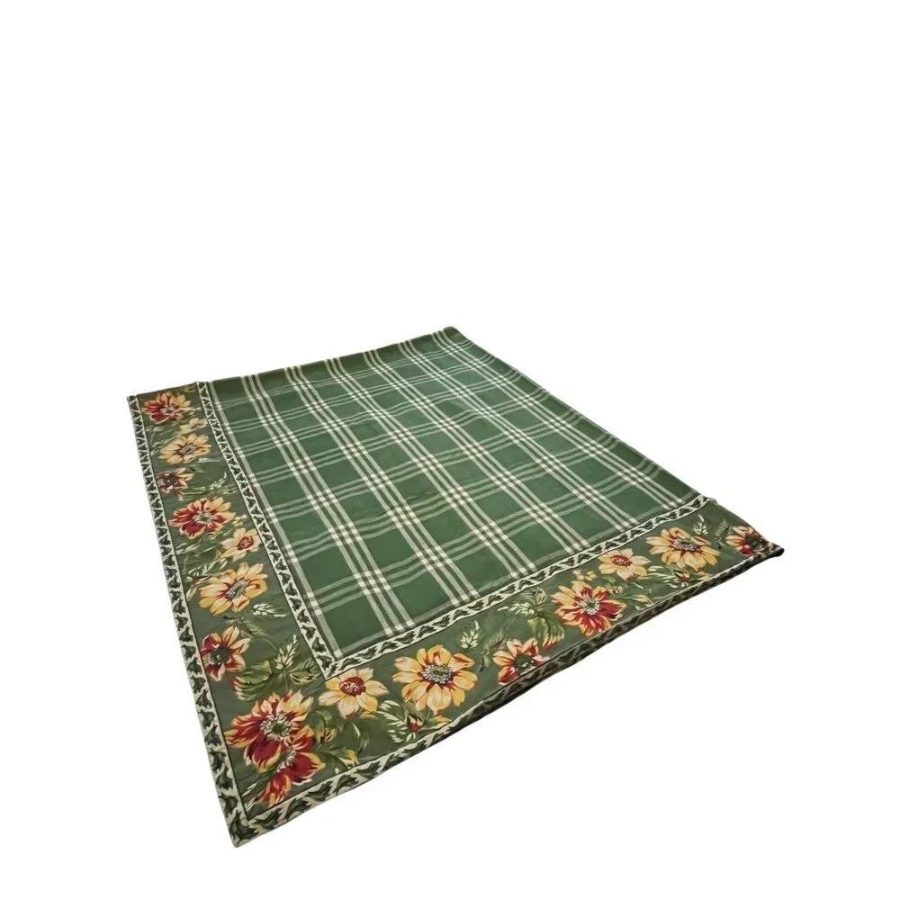 Williams Sonoma Green Plaid Floral Border Tablecloth Provence French Country Cot